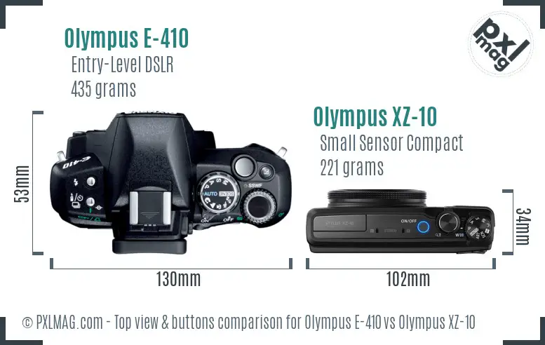 Olympus E-410 vs Olympus XZ-10 top view buttons comparison
