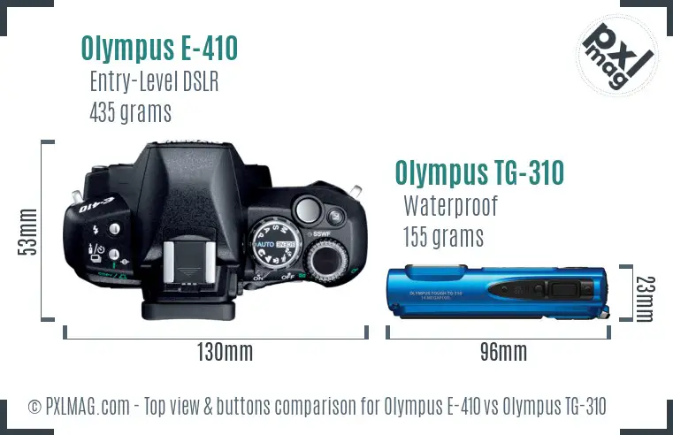 Olympus E-410 vs Olympus TG-310 top view buttons comparison