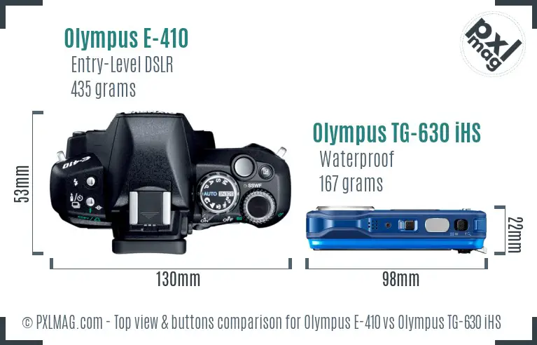 Olympus E-410 vs Olympus TG-630 iHS top view buttons comparison