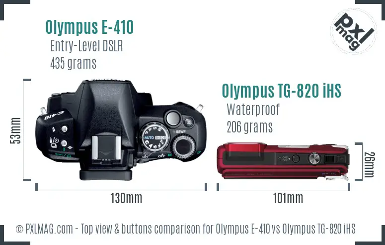 Olympus E-410 vs Olympus TG-820 iHS top view buttons comparison