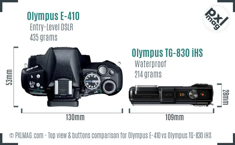 Olympus E-410 vs Olympus TG-830 iHS top view buttons comparison