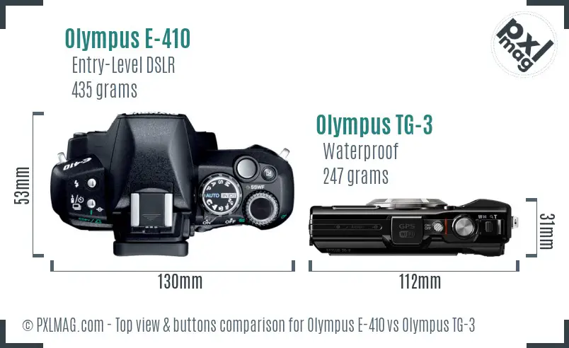 Olympus E-410 vs Olympus TG-3 top view buttons comparison