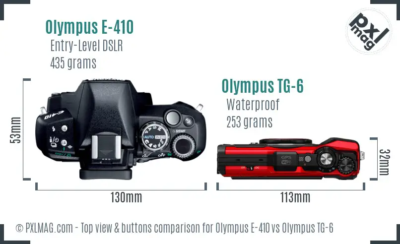 Olympus E-410 vs Olympus TG-6 top view buttons comparison