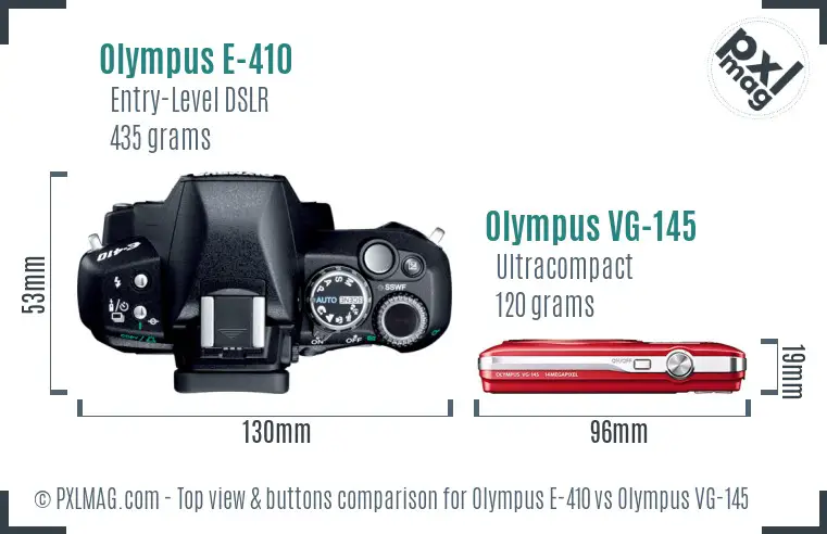 Olympus E-410 vs Olympus VG-145 top view buttons comparison