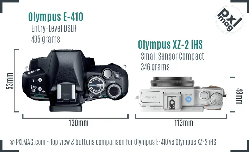 Olympus E-410 vs Olympus XZ-2 iHS top view buttons comparison