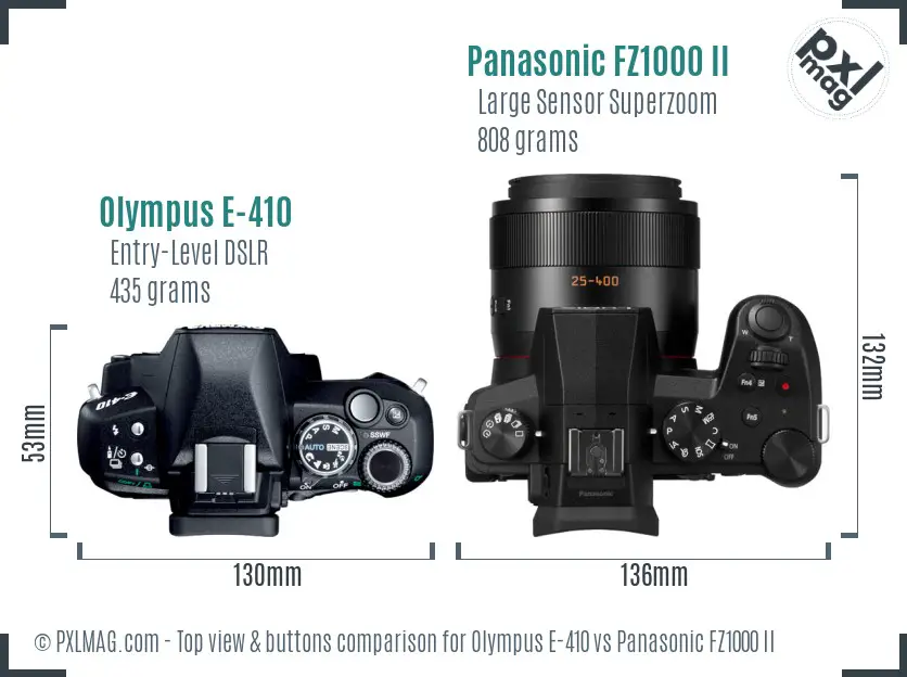 Olympus E-410 vs Panasonic FZ1000 II top view buttons comparison