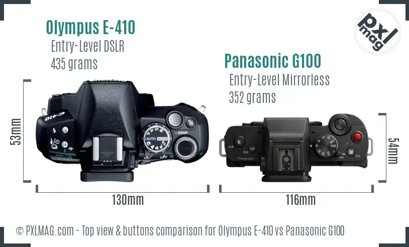 Olympus E-410 vs Panasonic G100 top view buttons comparison