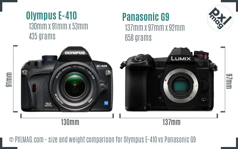 Olympus E-410 vs Panasonic G9 size comparison