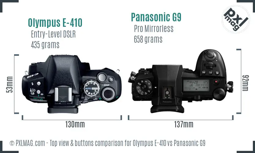 Olympus E-410 vs Panasonic G9 top view buttons comparison