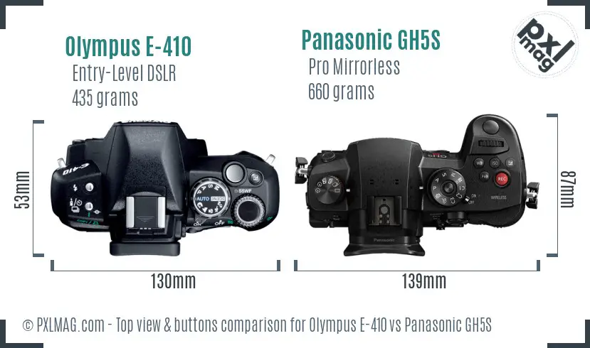 Olympus E-410 vs Panasonic GH5S top view buttons comparison