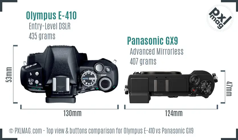 Olympus E-410 vs Panasonic GX9 top view buttons comparison
