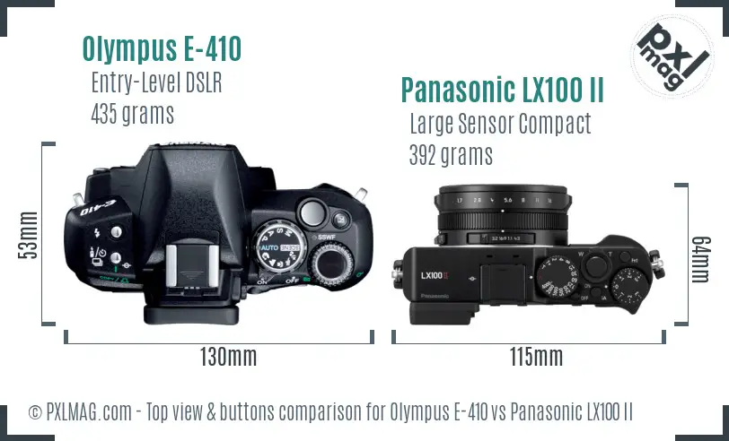 Olympus E-410 vs Panasonic LX100 II top view buttons comparison