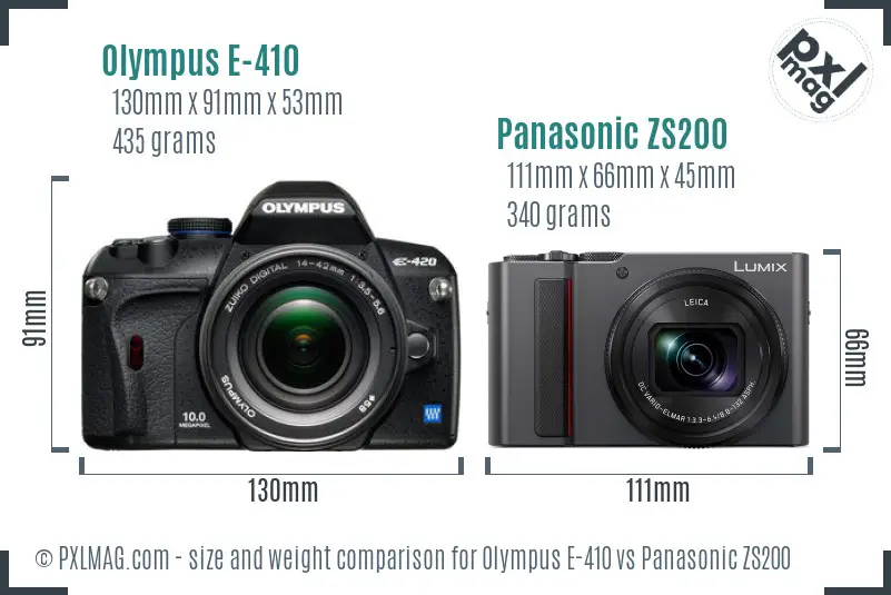 Olympus E-410 vs Panasonic ZS200 size comparison