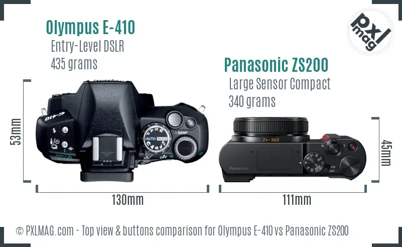 Olympus E-410 vs Panasonic ZS200 top view buttons comparison