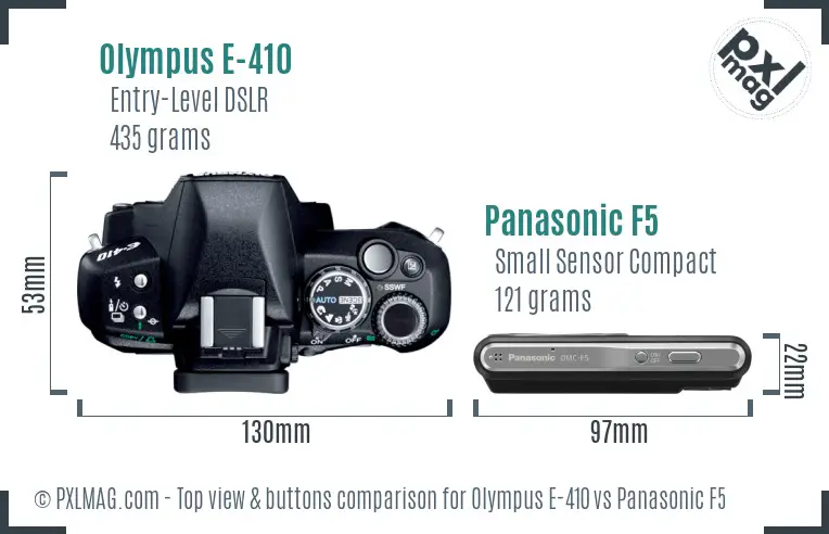 Olympus E-410 vs Panasonic F5 top view buttons comparison