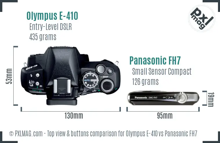 Olympus E-410 vs Panasonic FH7 top view buttons comparison
