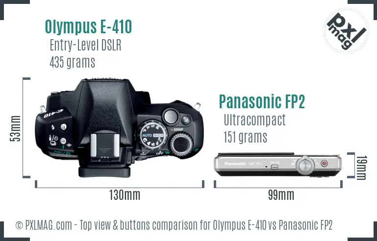 Olympus E-410 vs Panasonic FP2 top view buttons comparison