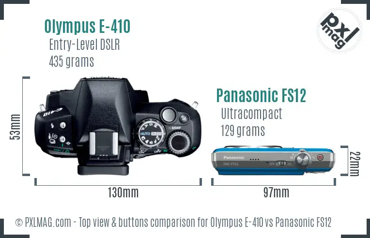 Olympus E-410 vs Panasonic FS12 top view buttons comparison