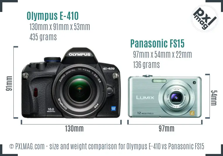 Olympus E-410 vs Panasonic FS15 size comparison
