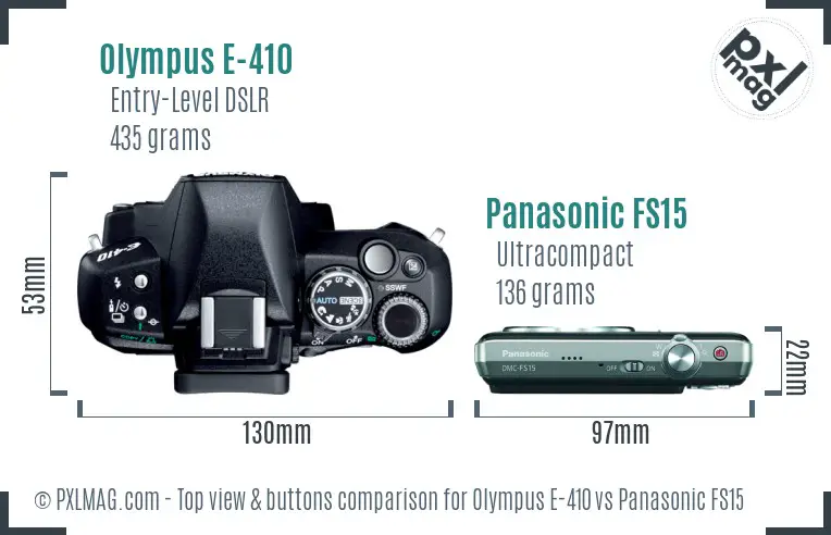 Olympus E-410 vs Panasonic FS15 top view buttons comparison