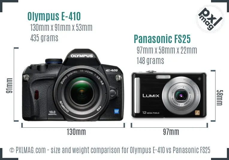Olympus E-410 vs Panasonic FS25 size comparison