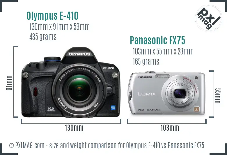 Olympus E-410 vs Panasonic FX75 size comparison