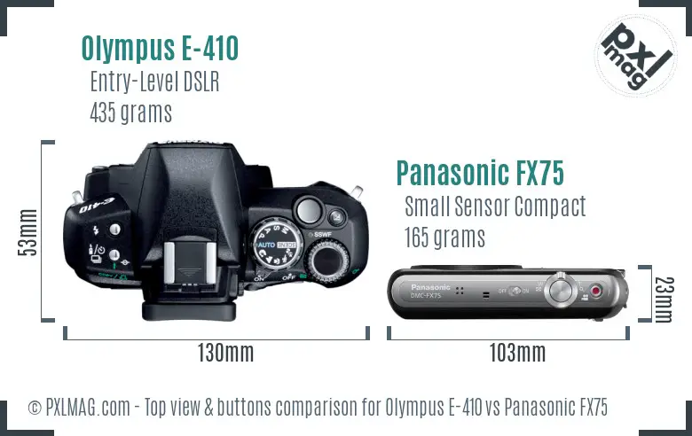 Olympus E-410 vs Panasonic FX75 top view buttons comparison