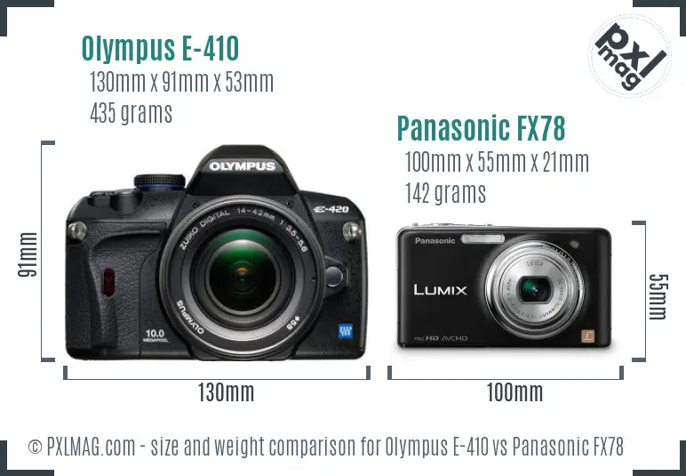 Olympus E-410 vs Panasonic FX78 size comparison
