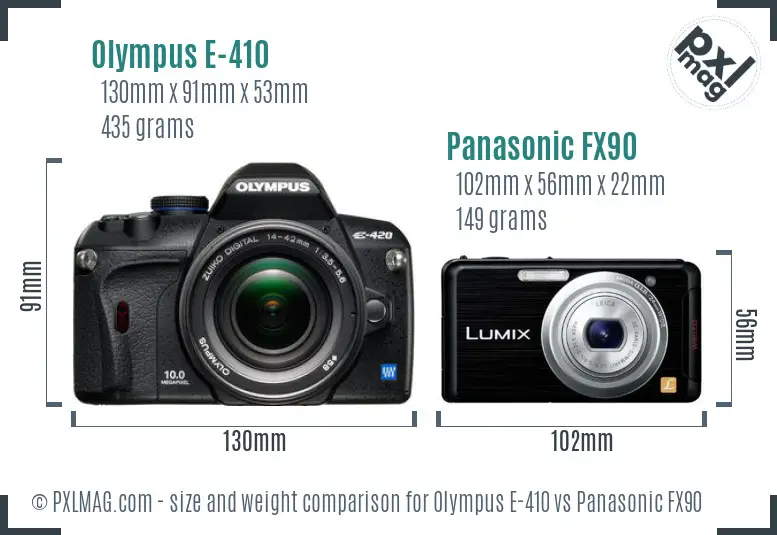 Olympus E-410 vs Panasonic FX90 size comparison