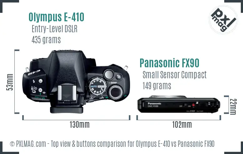 Olympus E-410 vs Panasonic FX90 top view buttons comparison