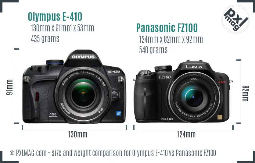Olympus E-410 vs Panasonic FZ100 size comparison