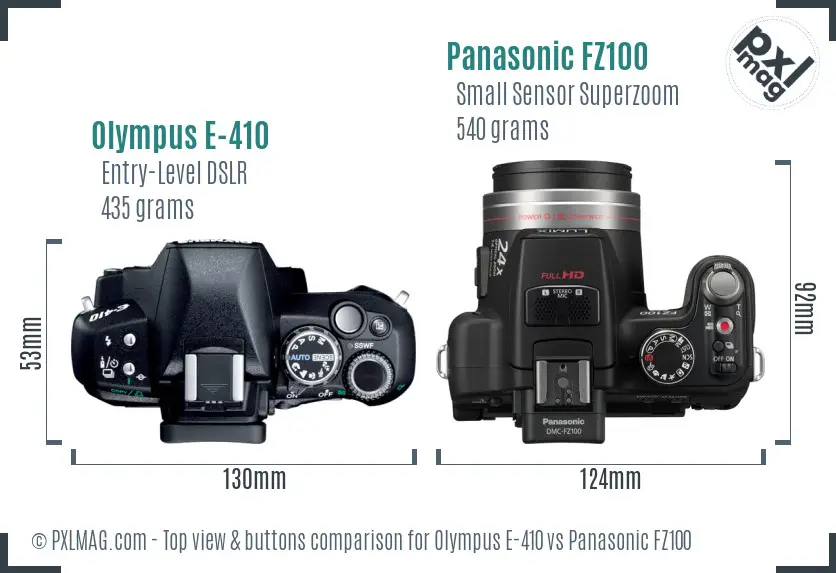 Olympus E-410 vs Panasonic FZ100 top view buttons comparison