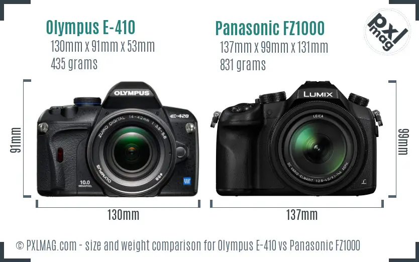 Olympus E-410 vs Panasonic FZ1000 size comparison