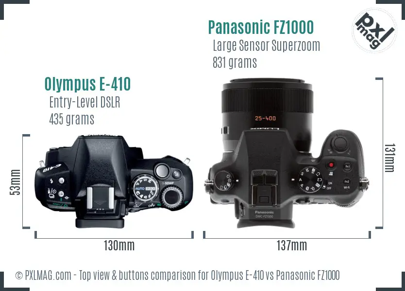 Olympus E-410 vs Panasonic FZ1000 top view buttons comparison