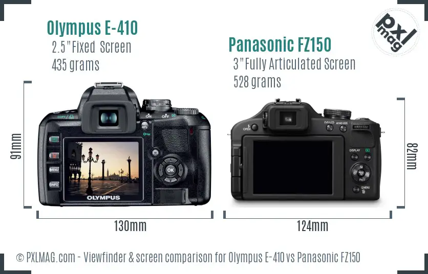 Olympus E-410 vs Panasonic FZ150 Screen and Viewfinder comparison