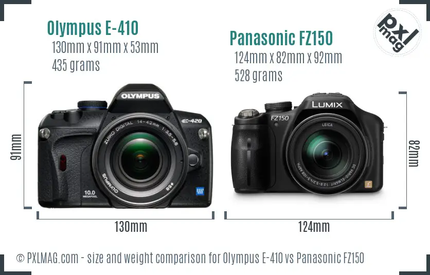 Olympus E-410 vs Panasonic FZ150 size comparison