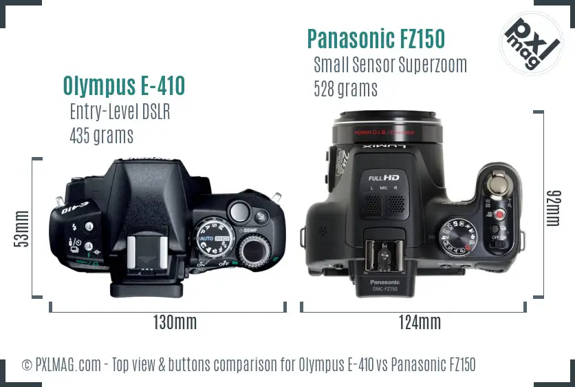 Olympus E-410 vs Panasonic FZ150 top view buttons comparison