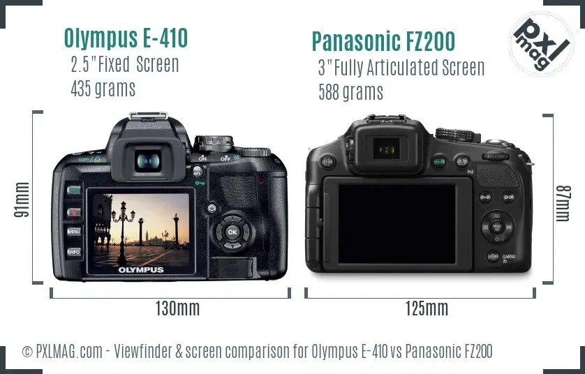 Olympus E-410 vs Panasonic FZ200 Screen and Viewfinder comparison