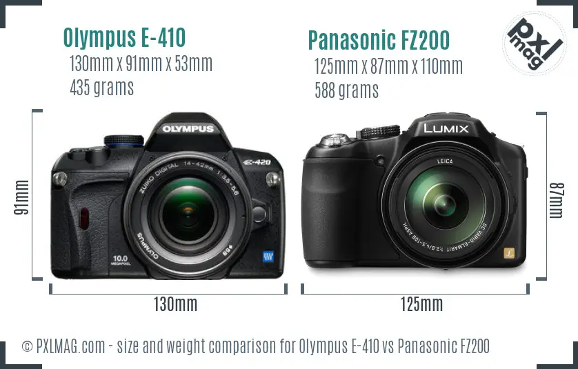 Olympus E-410 vs Panasonic FZ200 size comparison