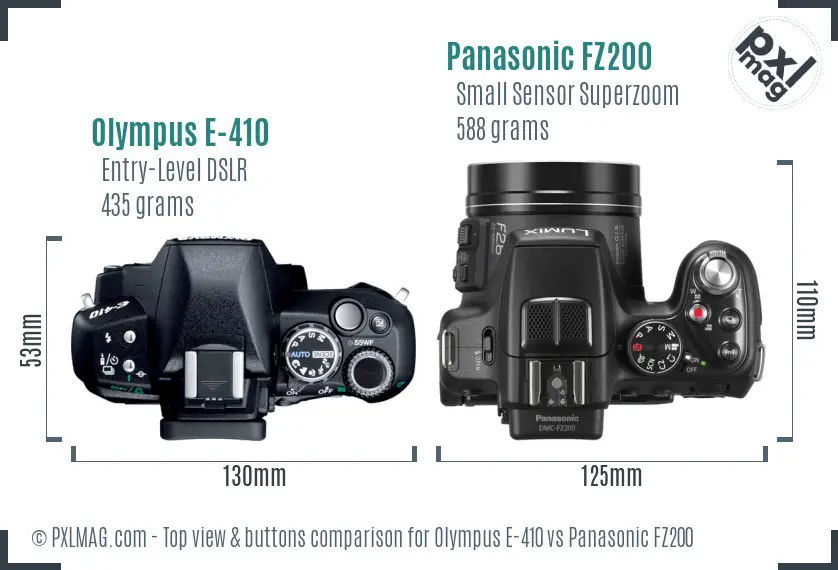 Olympus E-410 vs Panasonic FZ200 top view buttons comparison