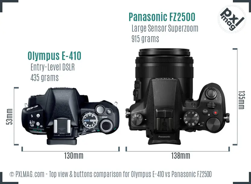 Olympus E-410 vs Panasonic FZ2500 top view buttons comparison