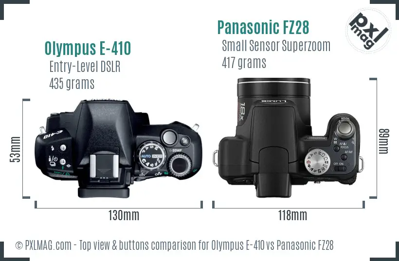 Olympus E-410 vs Panasonic FZ28 top view buttons comparison