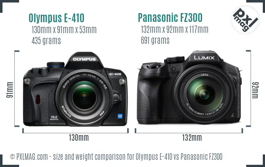 Olympus E-410 vs Panasonic FZ300 size comparison