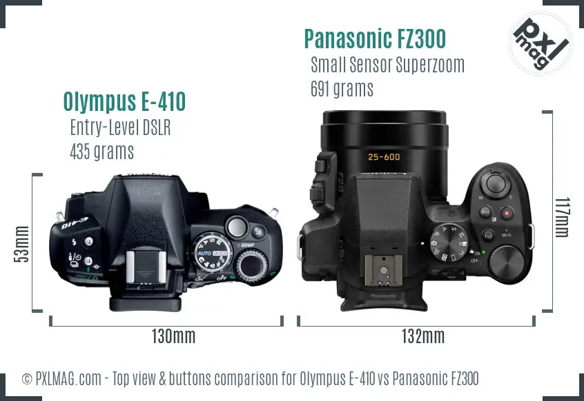Olympus E-410 vs Panasonic FZ300 top view buttons comparison