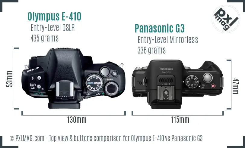 Olympus E-410 vs Panasonic G3 top view buttons comparison