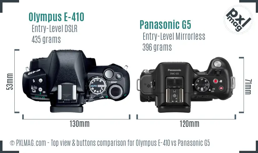 Olympus E-410 vs Panasonic G5 top view buttons comparison