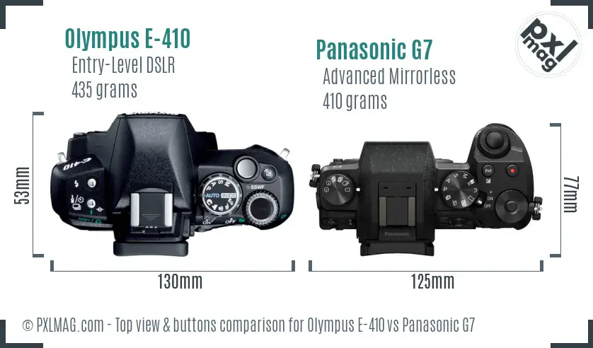 Olympus E-410 vs Panasonic G7 top view buttons comparison
