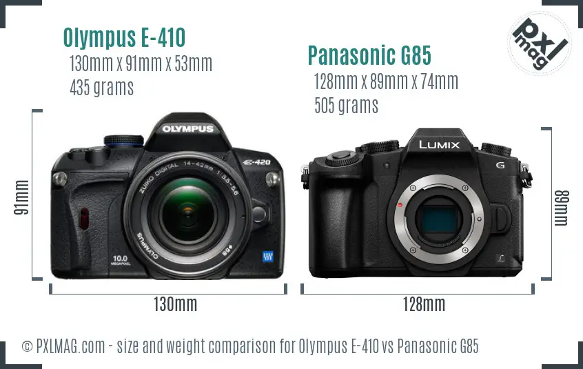 Olympus E-410 vs Panasonic G85 size comparison