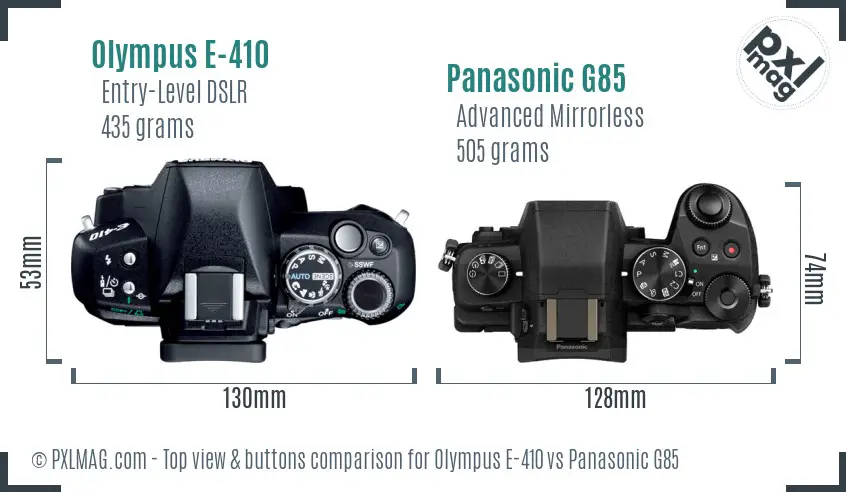 Olympus E-410 vs Panasonic G85 top view buttons comparison