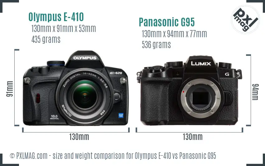 Olympus E-410 vs Panasonic G95 size comparison